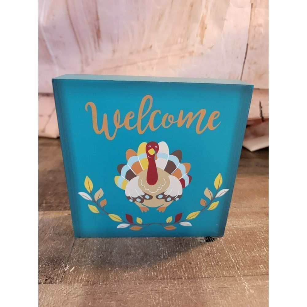 Wooden welcome turkey blue Decor figure Thanksgiving